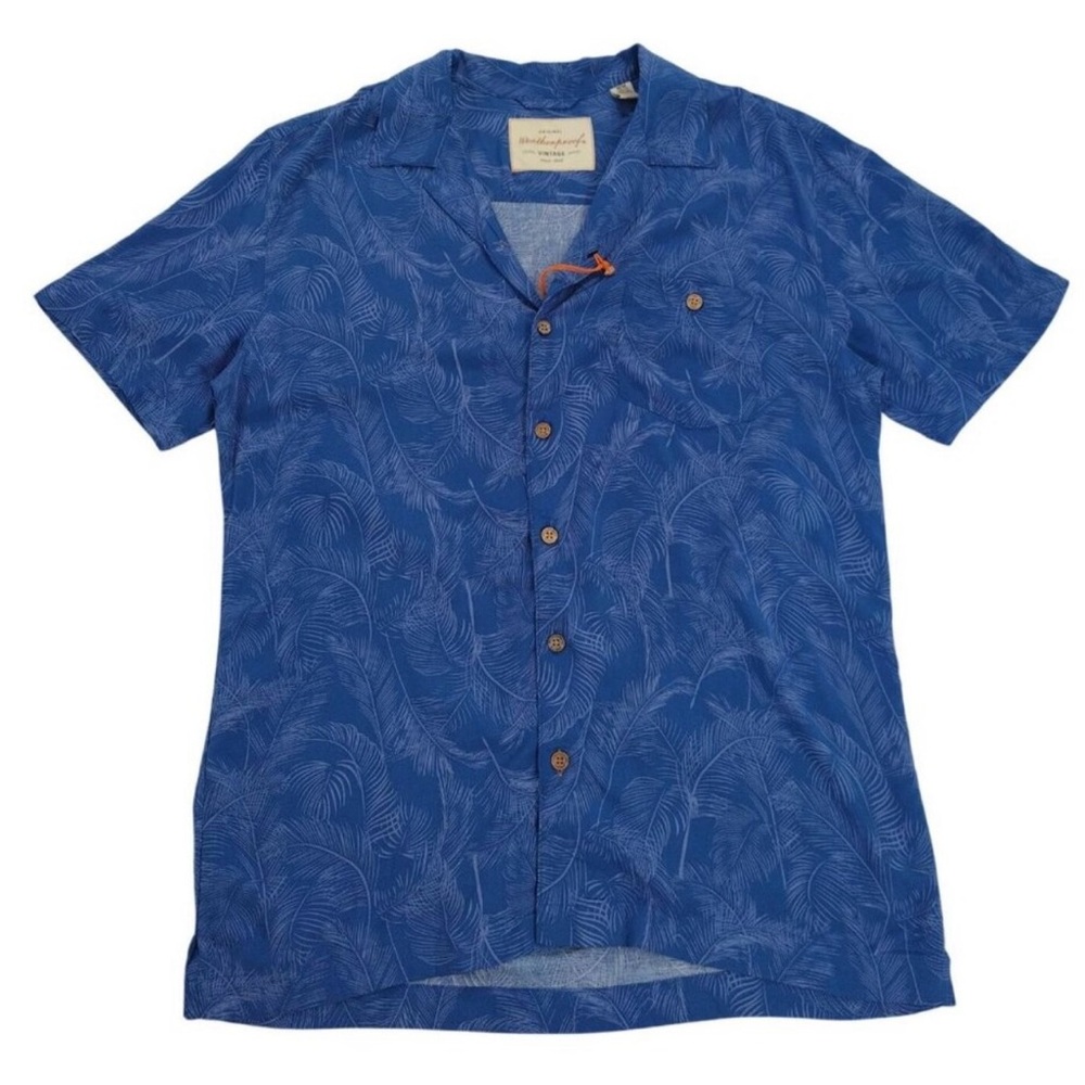 Weatherproof Vintage Mens Blue Tropical Leaf Print Short Sleeve Button-Up Shirt.